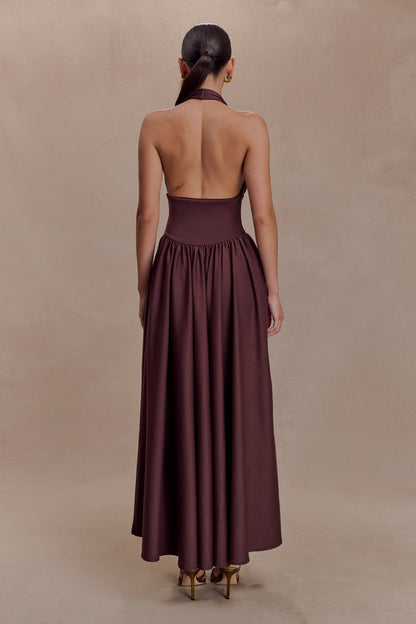Angelina Scuba Halter Midi Dress - Chocolate