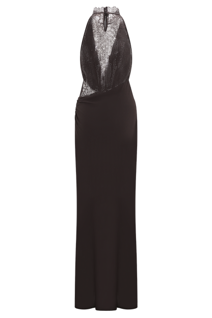 Arra Chiffon And Lace Halter Maxi Dress - Cacao Brown
