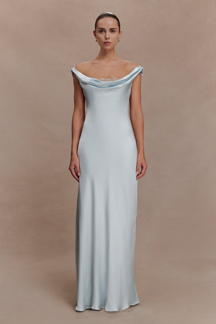 Ashley Cowl Neck Lace And Satin Maxi Dress - Ice Blue