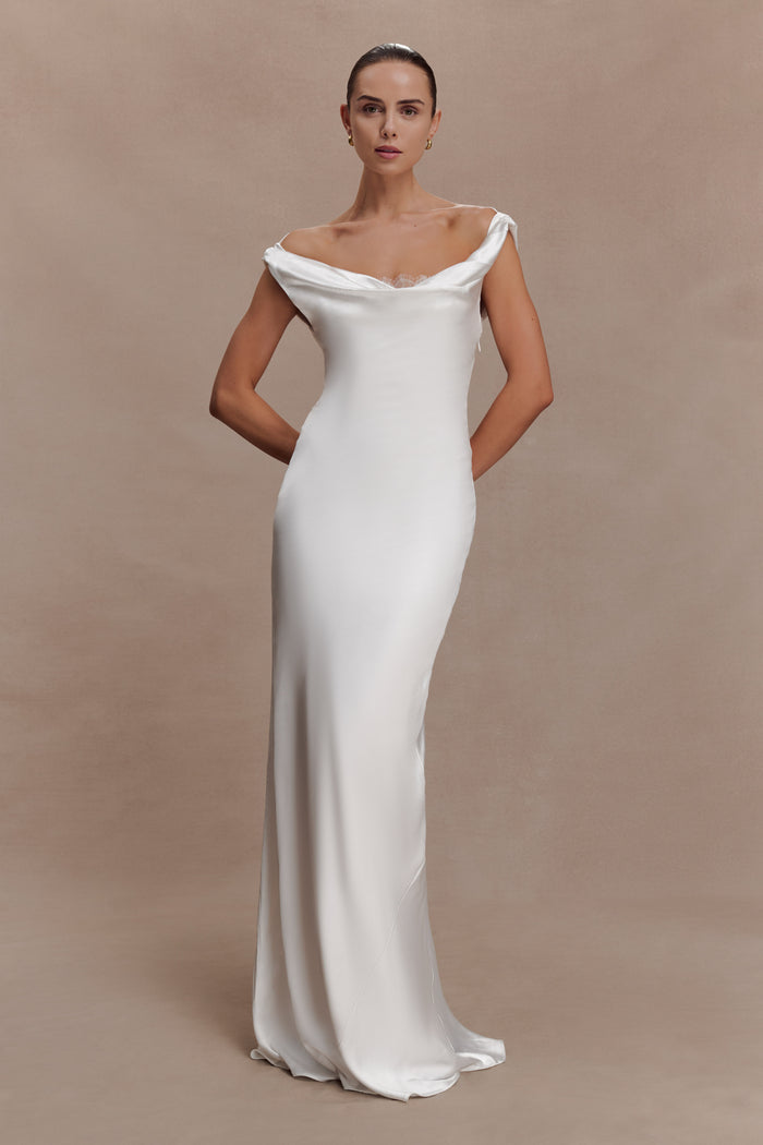 Ashley Cowl Neck Lace And Satin Maxi Dress - Ivory