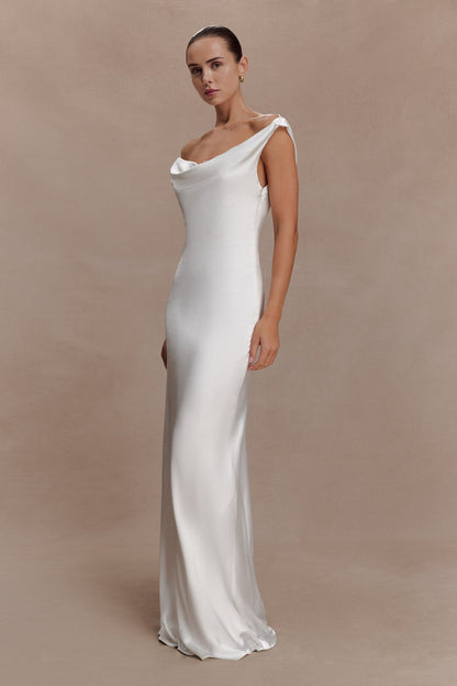 Ashley Cowl Neck Lace And Satin Maxi Dress - Ivory