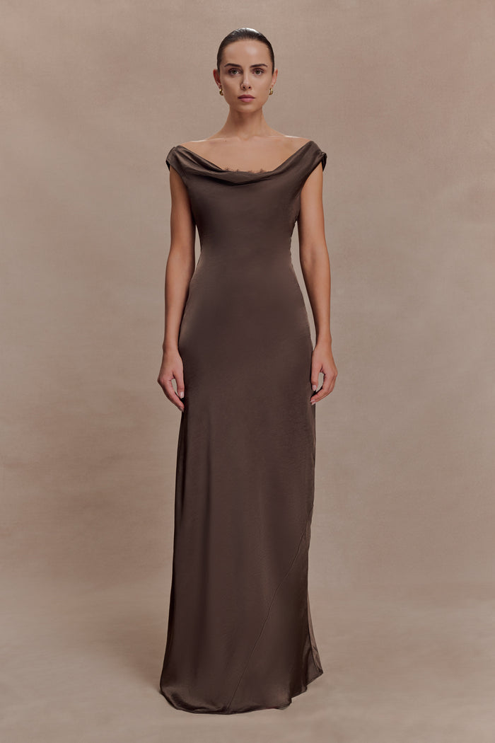 Ashley Cowl Neck Lace And Satin Maxi Dress - Mocha