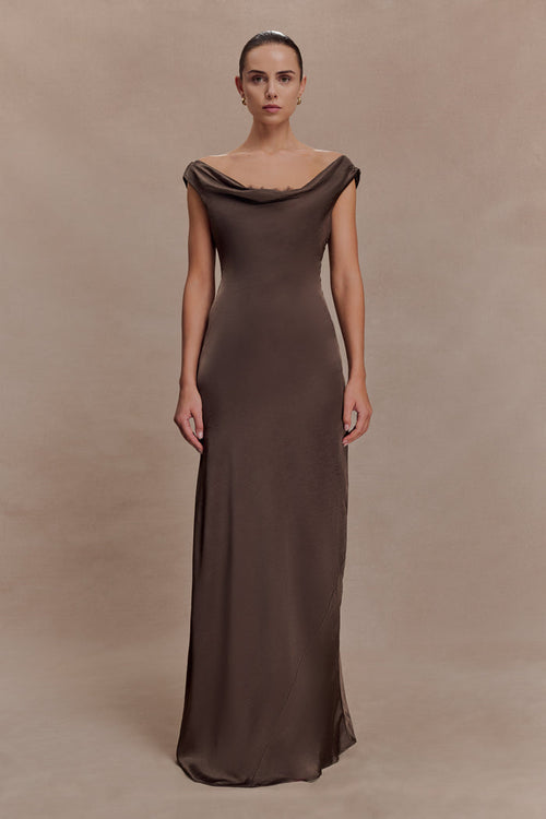 Ashley Cowl Neck Lace And Satin Maxi Dress - Mocha