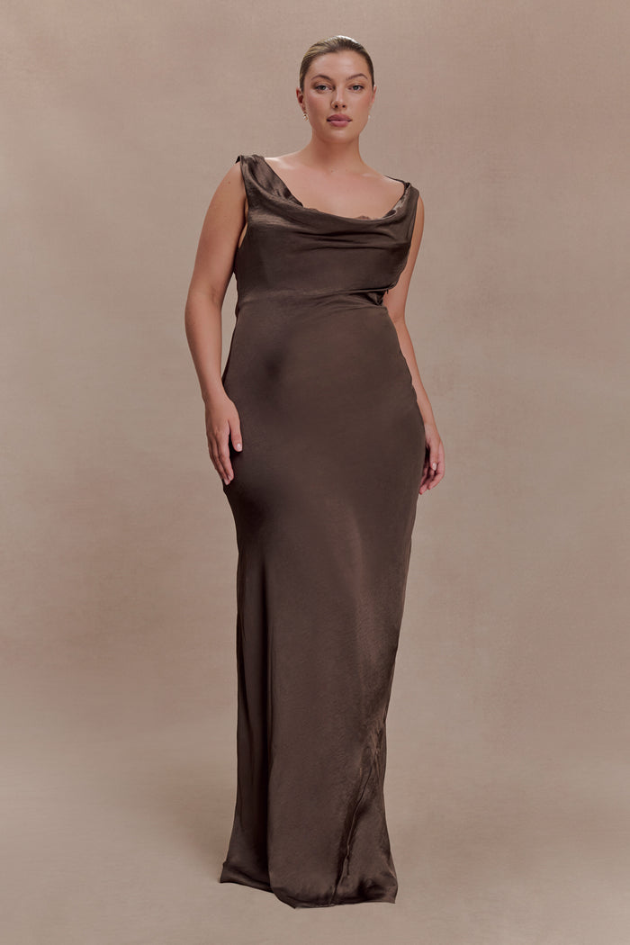 Ashley Cowl Neck Lace And Satin Maxi Dress - Mocha