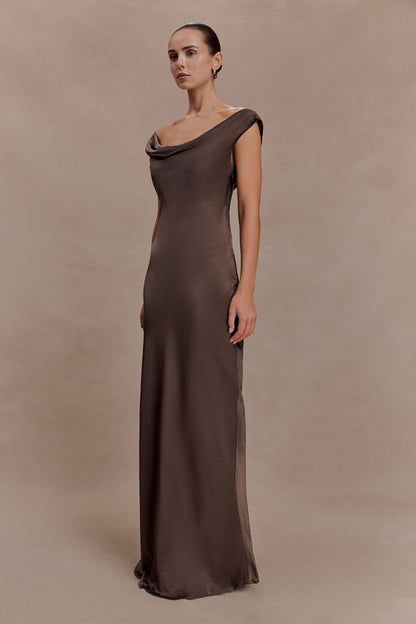 Ashley Cowl Neck Lace And Satin Maxi Dress - Mocha