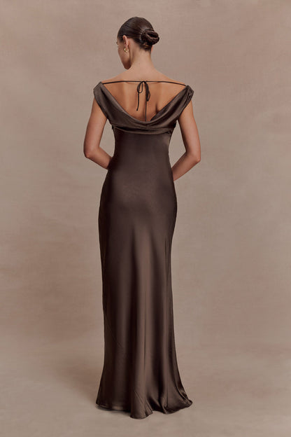 Ashley Cowl Neck Lace And Satin Maxi Dress - Mocha