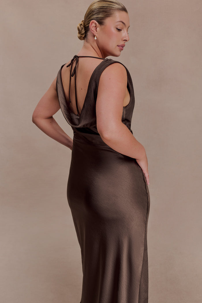 Ashley Cowl Neck Lace And Satin Maxi Dress - Mocha