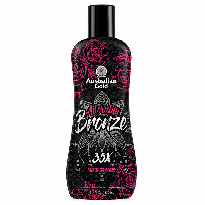 Australian Gold Adorably Bronze 35X Delightfully Dark Bronzing Lotion, 250ml tanning lotion bottle with black packaging, pink floral design, and 35X bronzing formula for a deep, dark tan.