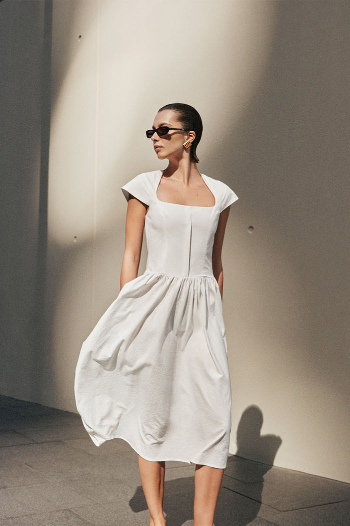 Ayla Cotton Fit And Flare Midi Dress - White