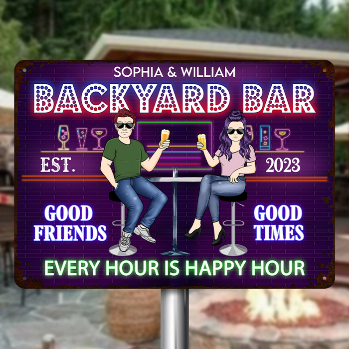 Backyard Bar Every Hour Is Happy Hour Gift For Couples Personalized Custom Metal Sign