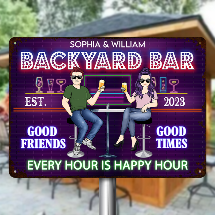Backyard Bar Every Hour Is Happy Hour Gift For Couples Personalized Custom Metal Sign