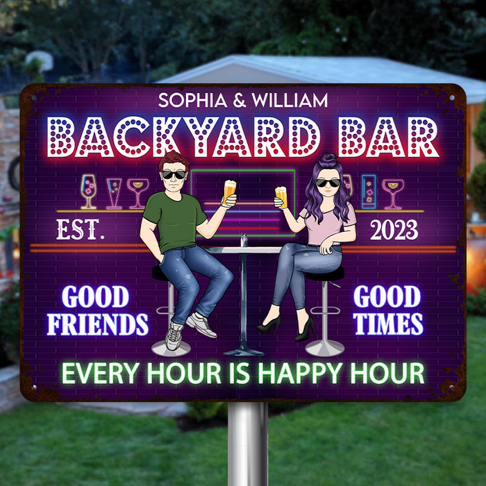 Backyard Bar Every Hour Is Happy Hour Gift For Couples Personalized Custom Metal Sign