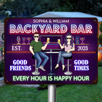Backyard Bar Every Hour Is Happy Hour Gift For Couples Personalized Custom Metal Sign
