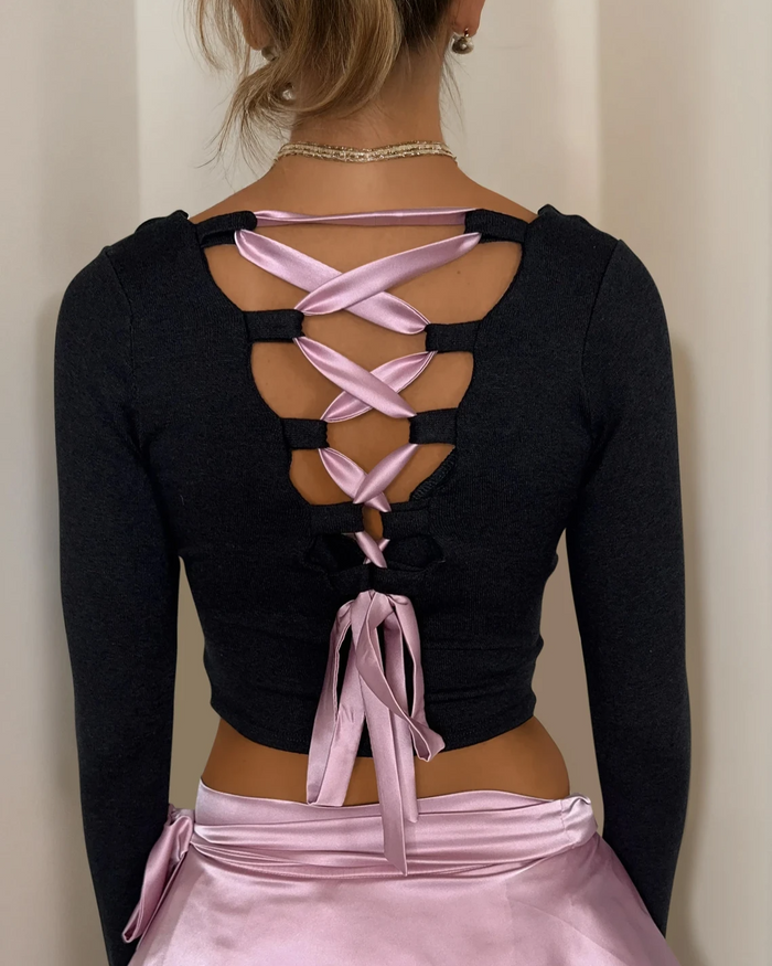 Ballet Ribbon Long Sleeve Cropped Sweater