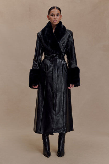 Bec Faux Leather Trench Coat With Faux Fur - Black