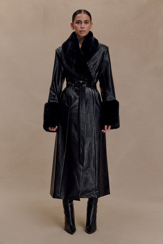 Bec Faux Leather Trench Coat With Faux Fur - Black