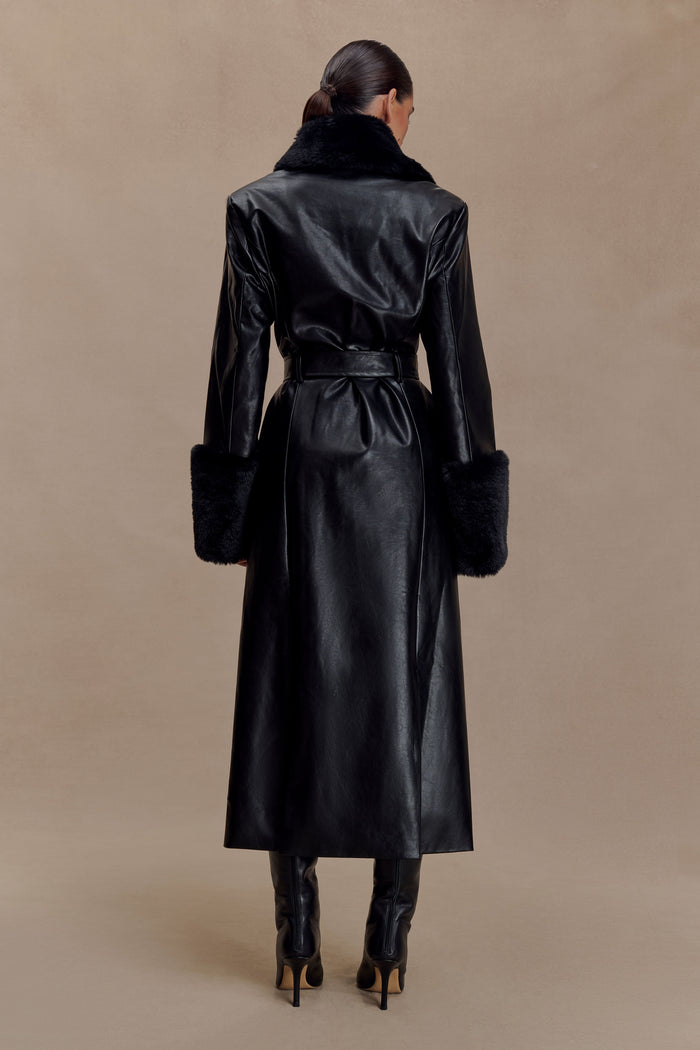 Bec Faux Leather Trench Coat With Faux Fur - Black