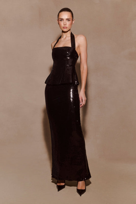 Bertie Sequin Peplum Halter Maxi Dress - Black