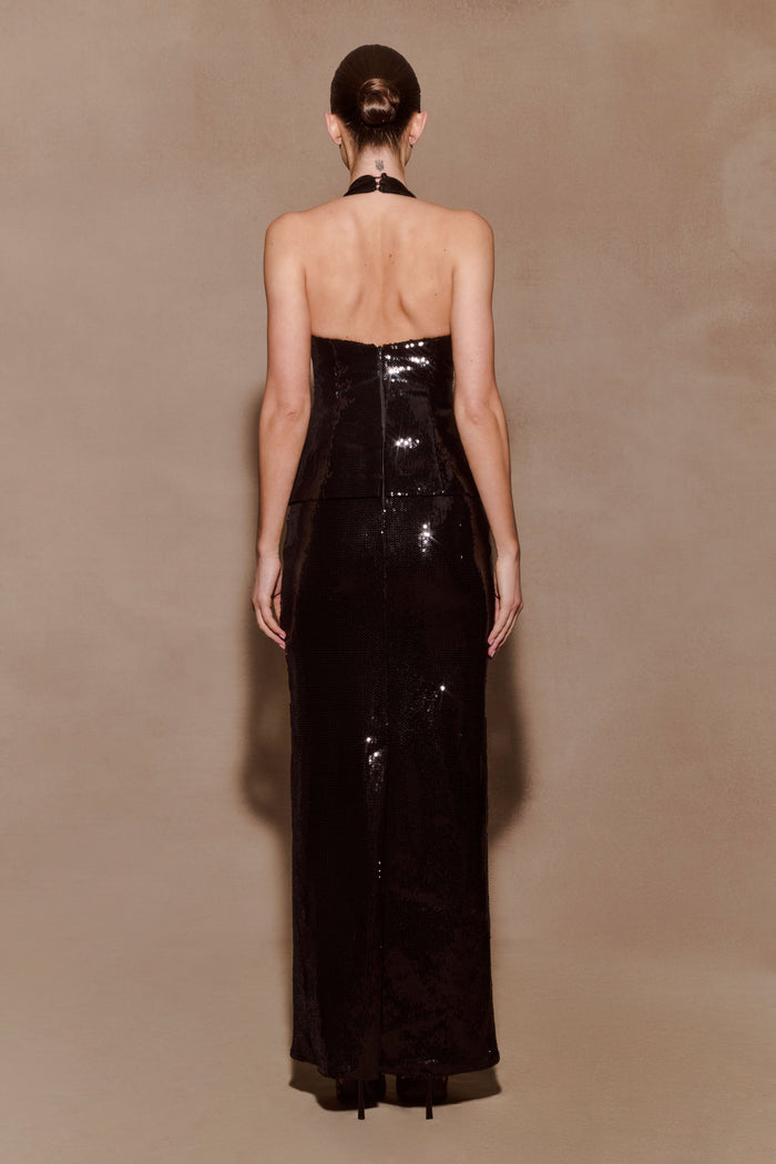 Bertie Sequin Peplum Halter Maxi Dress - Black