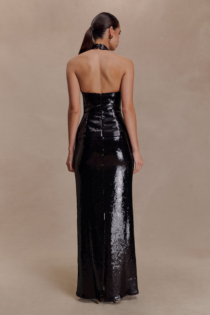 Bertie Sequin Peplum Halter Maxi Dress - Black
