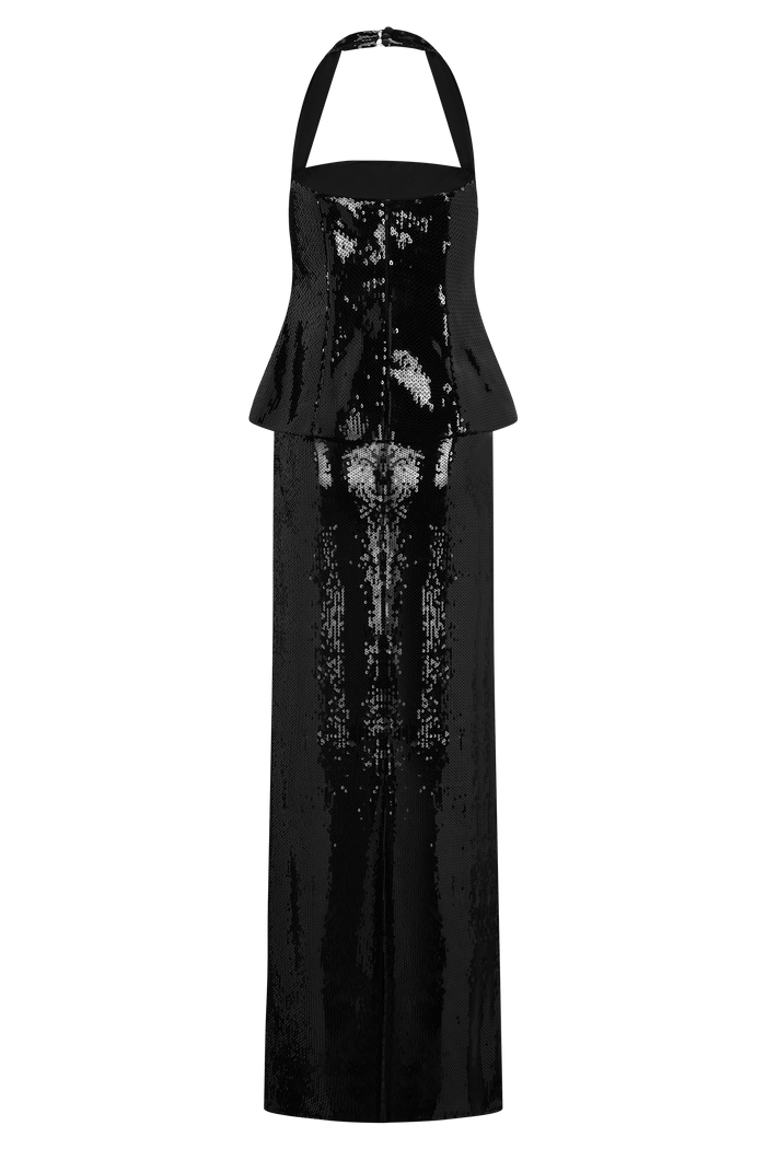 Bertie Sequin Peplum Halter Maxi Dress - Black