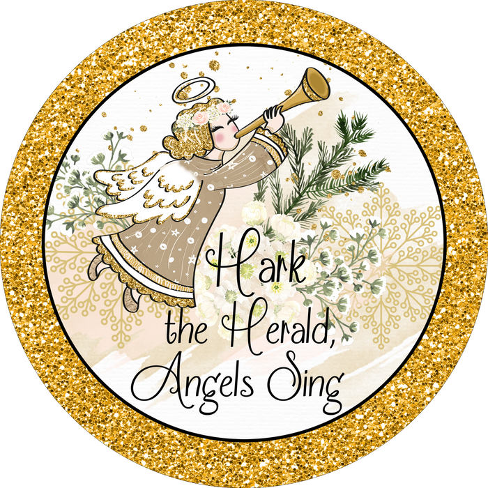 C096 Angel Sign, Hark the Herald, Holiday Sign Christmas Sign, Wreath Sign, Wreath Center