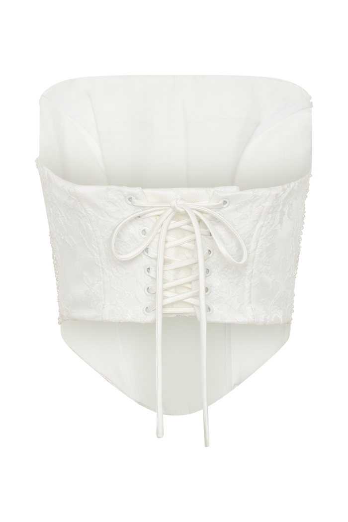 Camille Beaded Satin And Lace Corset Top - Ivory