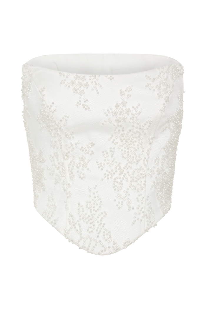 Camille Beaded Satin And Lace Corset Top - Ivory