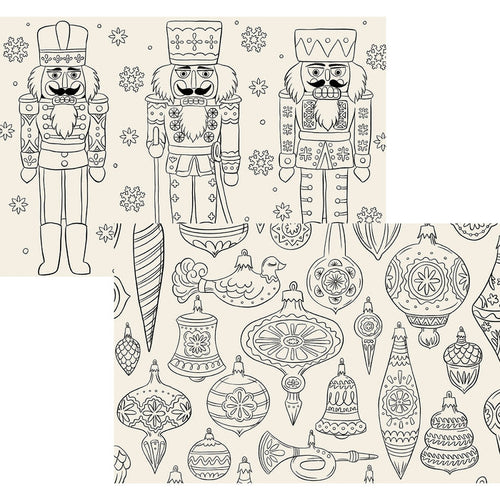 Christmas Coloring Placemats with one placemat showing three black line art nutcrackers surrounded by snowflakes and one placemat showing black line art vintage ornaments––both on a cream background.