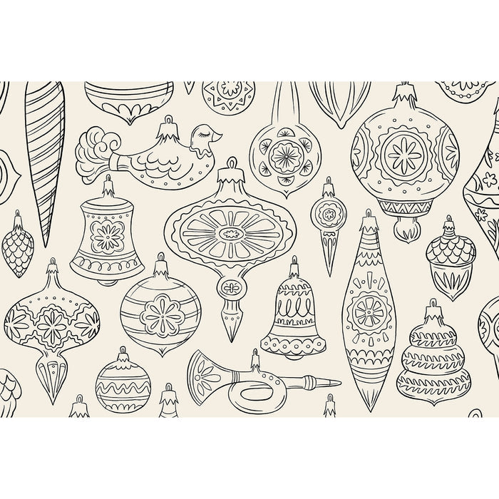 Pattern of black line art Christmas ornaments on a beige background.