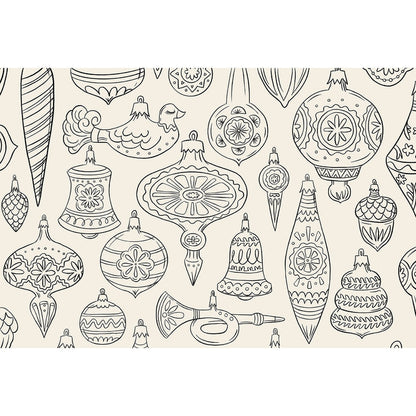 Pattern of black line art Christmas ornaments on a beige background.