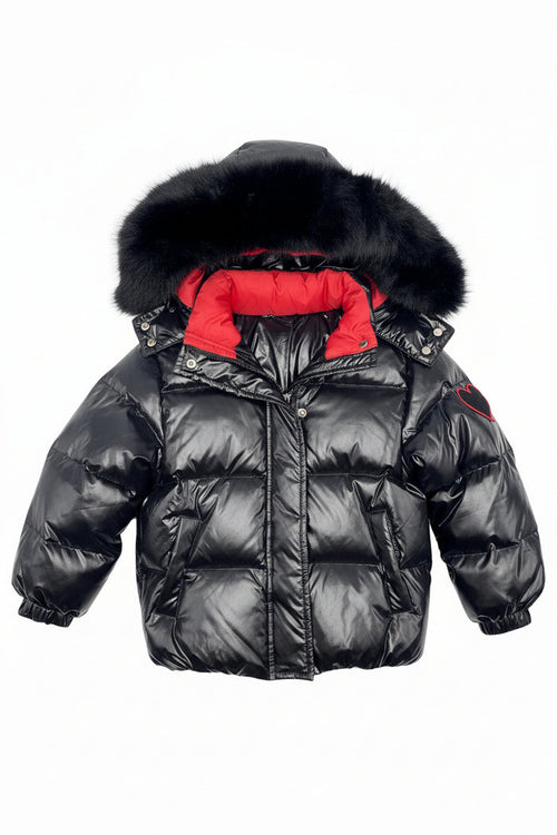 coat down padded heart applique with fur hood - black/red