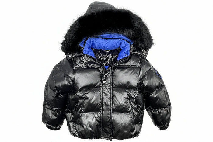 coat down padded star applique with fur hood - black/royal
