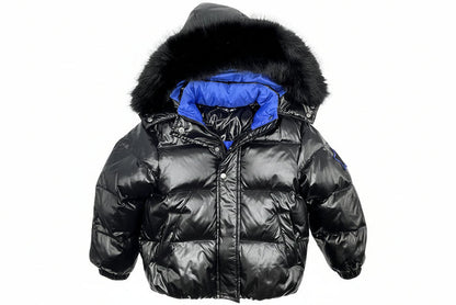 coat down padded star applique with fur hood - black/royal