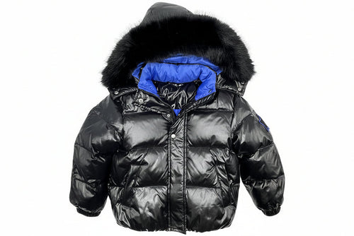 coat down padded star applique with fur hood - black/royal