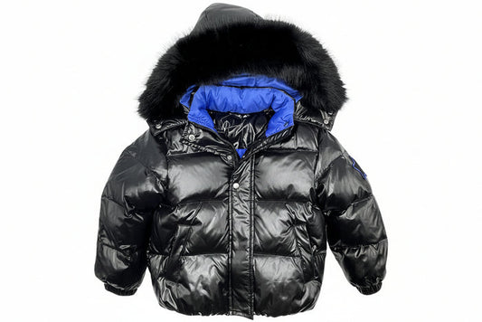 coat down padded star applique with fur hood - black/royal