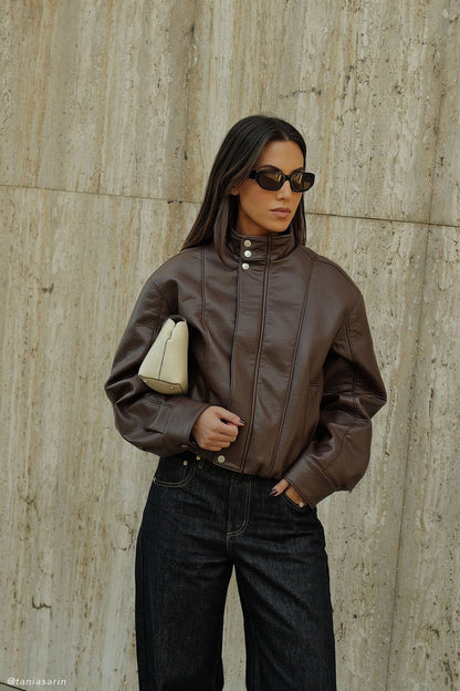 Curtis Faux Leather Bomber Jacket - Dark Chocolate