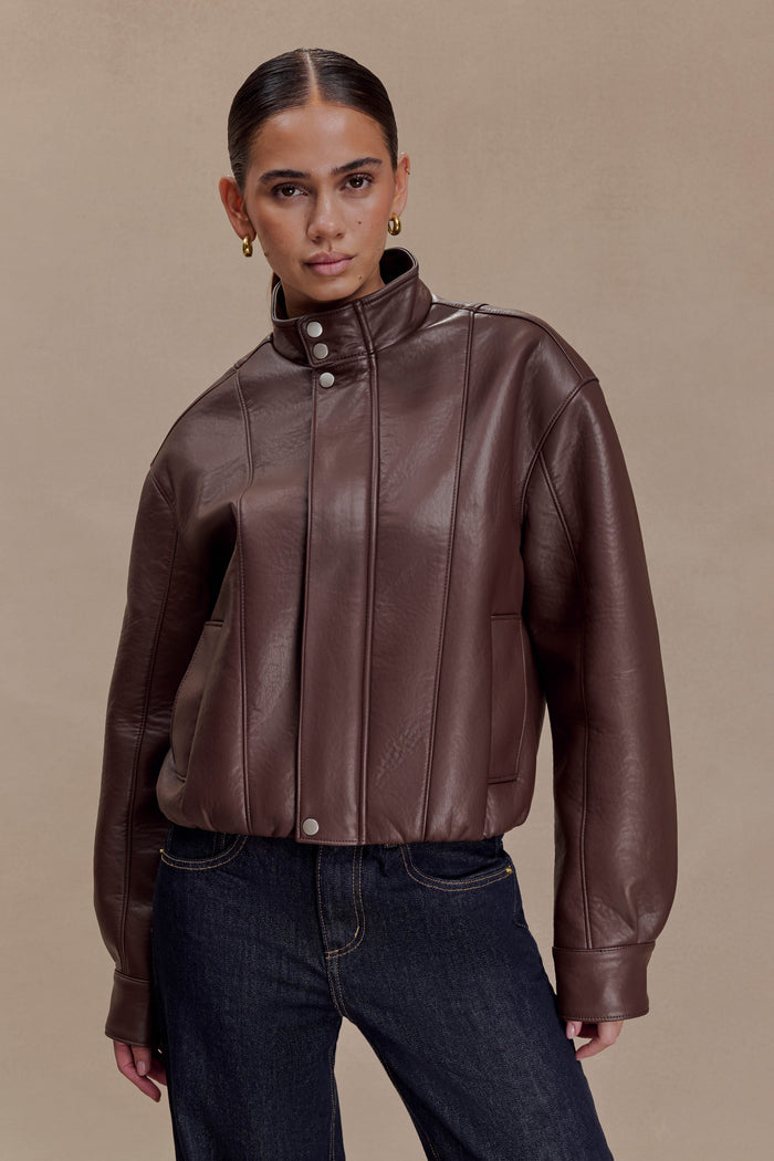 Curtis Faux Leather Bomber Jacket - Dark Chocolate