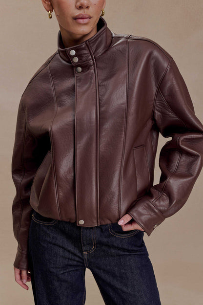 Curtis Faux Leather Bomber Jacket - Dark Chocolate