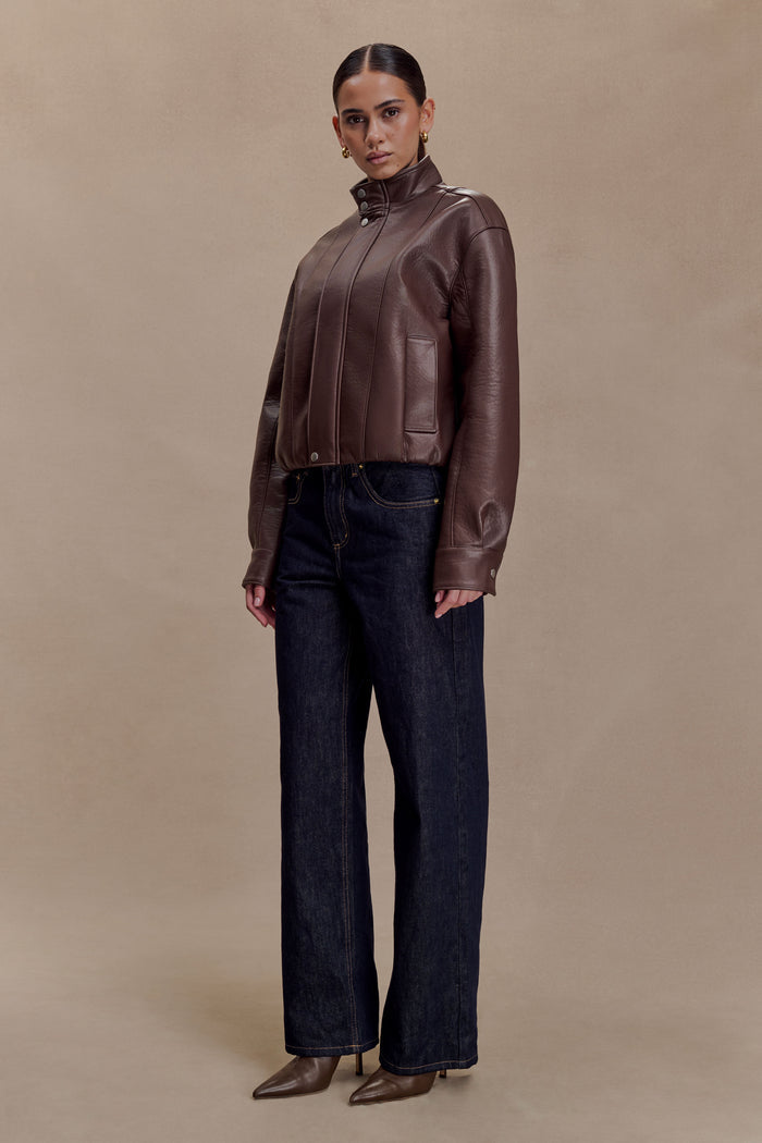 Curtis Faux Leather Bomber Jacket - Dark Chocolate