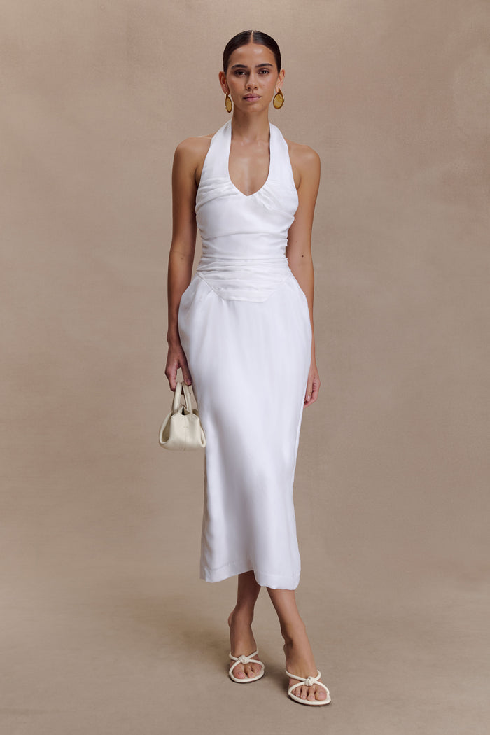 Daniela Ruched Halter Midi Dress - White