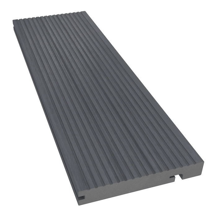 NeoTimber Deluxe Grooved Composite Decking Edge Board – Grey – Angled Close Up