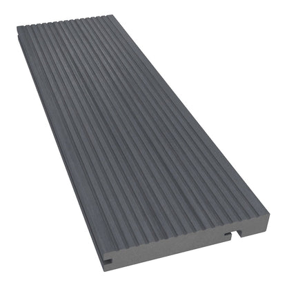 NeoTimber Deluxe Grooved Composite Decking Edge Board – Grey – Angled Close Up