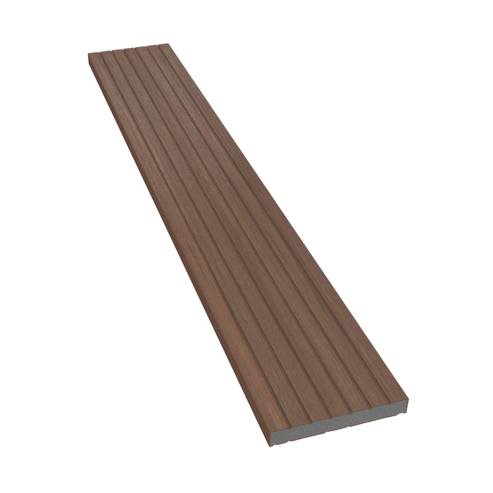NeoTimber Deluxe & Slatted Composite Cladding Skirting Trim – Teak – Angled Close Up - Grooved