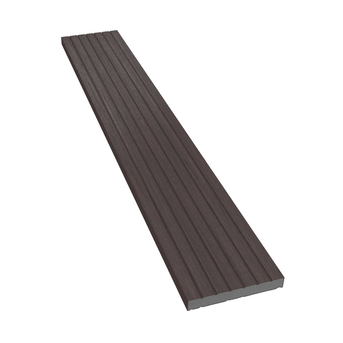 NeoTimber Deluxe & Slatted Composite Cladding Skirting Trim – Chocolate – Angled Close Up - Grooved