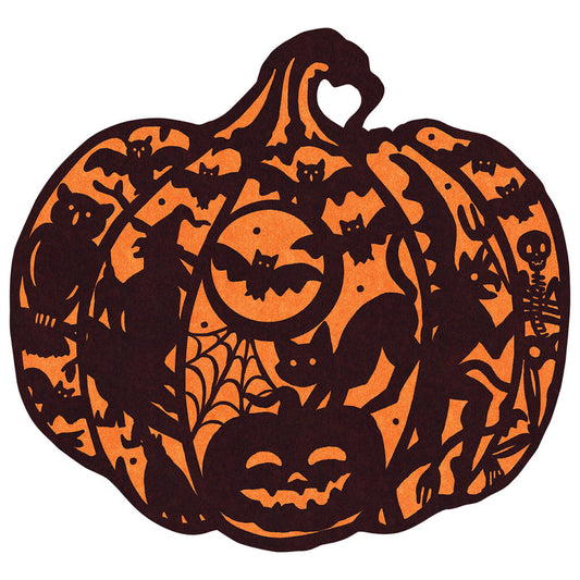 Die-cut Wicked Jack-o-Lantern Placemat featuring black silhouettes of bats, cats, pumpkins, witches and other Halloween creatures, on an orange background.