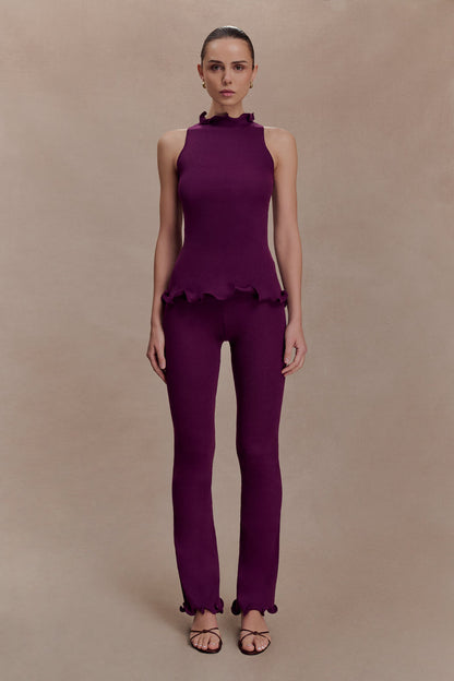 Diya Ribbed High Waisted Pants With Wire Hem - Plum
