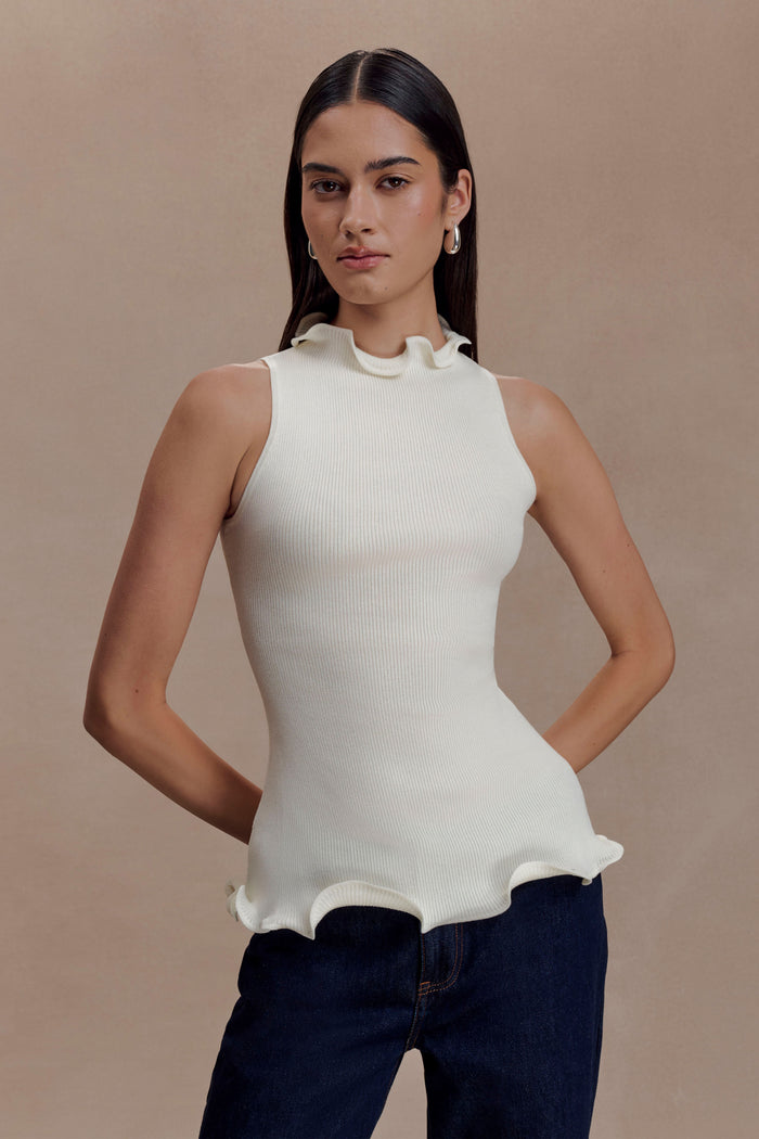 Diya Ribbed Sleeveless Top With Wire Hem - Ivory
