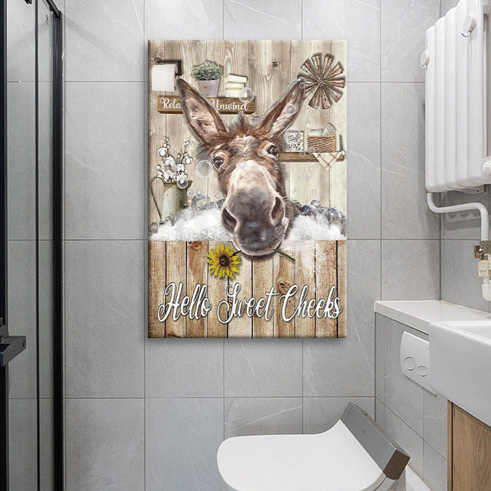 Donkey Canvas Wall Art, Rustic Donkey Bathroom Decor, Funny Farm Animal Painting, Country Sunflower Artwork