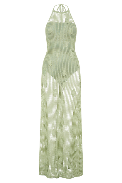Elfie Crochet Halter Maxi Dress - Pastel Green